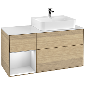 Villeroy und Boch Finion Waschtischunterschrank F141MTPC 120cm, Abdeckplatte glass white Matt, Regal links White matt lacquer, Oak Veneer