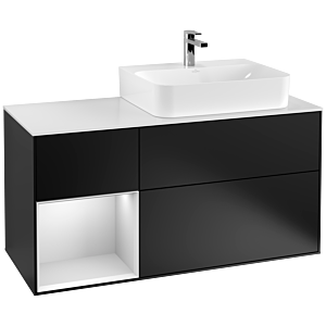 Villeroy und Boch Finion Waschtischunterschrank F141MTPD 120cm, Abdeckplatte glass white Matt, Regal links White matt lacquer, Black matt lacquer