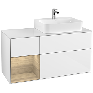 Villeroy und Boch Finion Waschtischunterschrank F141PCGF 120cm, Abdeckplatte glass white Matt, Regal links Oak Veneer, Glossy white lacquer