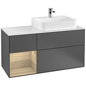 Villeroy und Boch Finion Waschtischunterschrank F141PCGK 120cm, Abdeckplatte glass white Matt, Regal links Oak Veneer, Anthracite matt