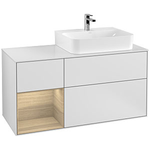 Villeroy et Boch Finion Villeroy et Boch F141PCMT 120cm, plaque de recouvrement verre blanc mat, étagère gauche Oak Veneer , laqué blanc mat