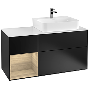 Villeroy und Boch Finion Waschtischunterschrank F141PCPD 120cm, Abdeckplatte glass white Matt, Regal links Oak Veneer, Black matt lacquer