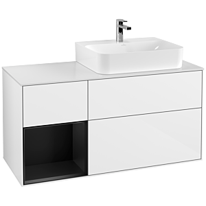 Villeroy und Boch Finion Waschtischunterschrank F141PDGF 120cm, Abdeckplatte glass white Matt, Regal links Black matt lacquer, Glossy white lacquer
