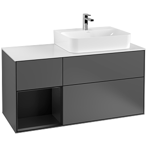 Villeroy und Boch Finion Waschtischunterschrank F141PDGK 120cm, Abdeckplatte glass white Matt, Regal links Black matt lacquer, Anthracite matt