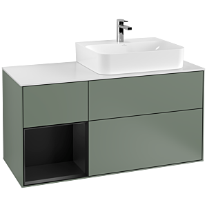 Villeroy et Boch Finion Villeroy et Boch F141PDGM 120cm, couvercle en verre blanc mat, étagère gauche laqué noir mat, Olive Matt Lacquer