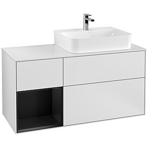 Villeroy et Boch Finion Villeroy et Boch F141PDMT 120cm, plaque de recouvrement verre blanc mat, étagère gauche laqué noir mat, laqué blanc mat