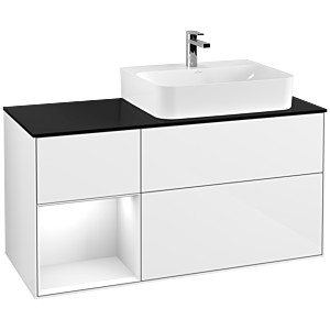 Villeroy und Boch Finion Waschtischunterschrank F142GFGF 120cm, Abdeckplatte Glass Black Matt, Regal links Glossy white lacquer, Glossy white lacquer