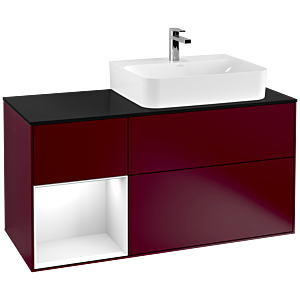 Villeroy und Boch Finion Waschtischunterschrank F142GFHB 120cm, Abdeckplatte Glass Black Matt, Regal links Glossy white lacquer, Peony Matt