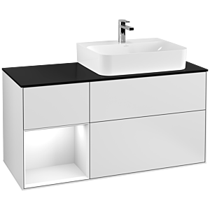 Villeroy und Boch Finion Waschtischunterschrank F142GFMT 120cm, Abdeckplatte Glass Black Matt, Regal links Glossy white lacquer, White matt lacquer