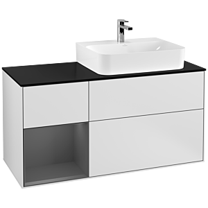 Villeroy und Boch Finion Waschtischunterschrank F142GKMT 120cm, Abdeckplatte Glass Black Matt, Regal links Anthracite matt, White matt lacquer