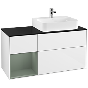 Villeroy und Boch Finion Waschtischunterschrank F142GMGF 120cm, Abdeckplatte Glass Black Matt, Regal links Olive Matt Lacquer, Glossy white lacquer