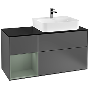 Villeroy und Boch Finion Waschtischunterschrank F142GMGK 120cm, Abdeckplatte Glass Black Matt, Regal links Olive Matt Lacquer, Anthracite matt
