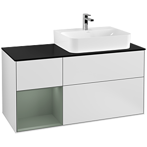 Villeroy und Boch Finion Waschtischunterschrank F142GMMT 120cm, Abdeckplatte Glass Black Matt, Regal links Olive Matt Lacquer, White matt lacquer