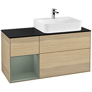 Villeroy und Boch Finion Waschtischunterschrank F142GMPC 120cm, Abdeckplatte Glass Black Matt, Regal links Olive Matt Lacquer, Oak Veneer