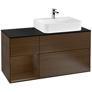 Villeroy und Boch Finion Waschtischunterschrank F142GNGN 120cm, Abdeckplatte Glass Black Matt, Regal links Walnut veneer, Walnut veneer