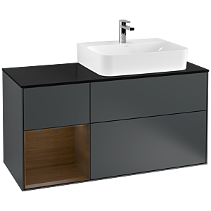 Villeroy und Boch Finion Waschtischunterschrank F142GNHG 120cm, Abdeckplatte Glass Black Matt, Regal links Walnut veneer, Midnight Blue Matt Lacquer