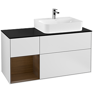 Villeroy und Boch Finion Waschtischunterschrank F142GNMT 120cm, Abdeckplatte Glass Black Matt, Regal links Walnut veneer, White matt lacquer