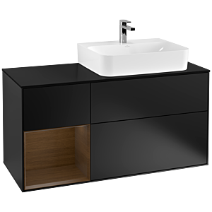 Villeroy und Boch Finion Waschtischunterschrank F142GNPD 120cm, Abdeckplatte Glass Black Matt, Regal links Walnut veneer, Black matt lacquer