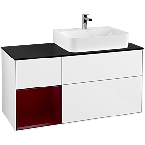 Villeroy und Boch Finion Waschtischunterschrank F142HBGF 120cm, Abdeckplatte Glass Black Matt, Regal links Peony, Glossy white lacquer