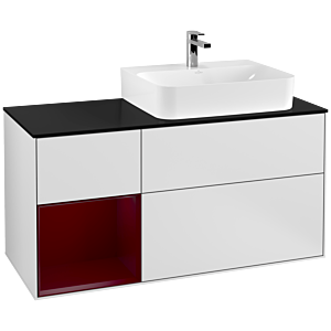 Villeroy und Boch Finion Waschtischunterschrank F142HBMT 120cm, Abdeckplatte Glass Black Matt, Regal links Peony, White matt lacquer