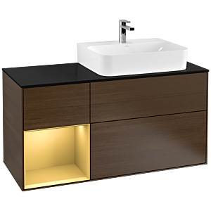 Villeroy und Boch Finion Waschtischunterschrank F142HFGN 120cm, Abdeckplatte Glass Black Matt, Regal links Gold matt, Walnut veneer