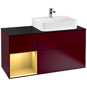 Villeroy und Boch Finion Waschtischunterschrank F142HFHB 120cm, Abdeckplatte Glass Black Matt, Regal links Gold matt, Peony Matt