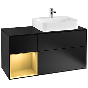 Villeroy und Boch Finion Waschtischunterschrank F142HFPD 120cm, Abdeckplatte Glass Black Matt, Regal links Gold matt, Black matt lacquer