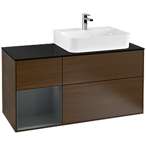 Villeroy und Boch Finion Waschtischunterschrank F142HGGN 120cm, Abdeckplatte Glass Black Matt, Regal links Midnight Blue Matt Lacquer, Walnut veneer