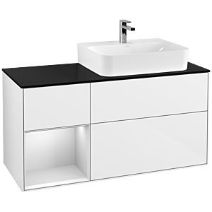 Villeroy und Boch Finion Waschtischunterschrank F142MTGF 120cm, Abdeckplatte Glass Black Matt, Regal links White matt lacquer, Glossy white lacquer