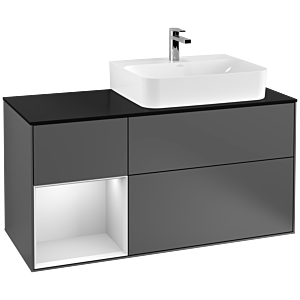 Villeroy und Boch Finion Waschtischunterschrank F142MTGK 120cm, Abdeckplatte Glass Black Matt, Regal links White matt lacquer, Anthracite matt