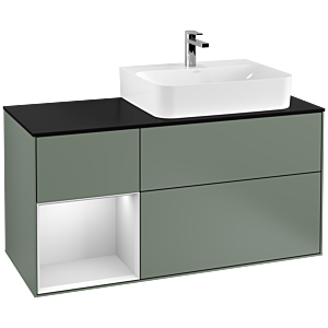 Villeroy und Boch Finion Waschtischunterschrank F142MTGM 120cm, Abdeckplatte Glass Black Matt, Regal links White matt lacquer, Olive Matt Lacquer