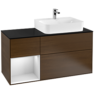 Villeroy und Boch Finion Waschtischunterschrank F142MTGN 120cm, Abdeckplatte Glass Black Matt, Regal links White matt lacquer, Walnut veneer