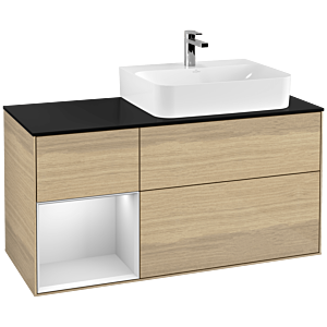 Villeroy und Boch Finion Waschtischunterschrank F142MTPC 120cm, Abdeckplatte Glass Black Matt, Regal links White matt lacquer, Oak Veneer