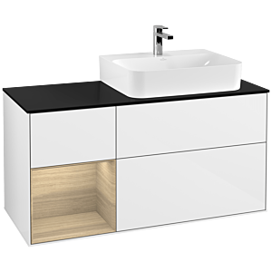 Villeroy und Boch Finion Waschtischunterschrank F142PCGF 120cm, Abdeckplatte Glass Black Matt, Regal links Oak Veneer, Glossy white lacquer