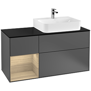Villeroy und Boch Finion Waschtischunterschrank F142PCGK 120cm, Abdeckplatte Glass Black Matt, Regal links Oak Veneer, Anthracite matt