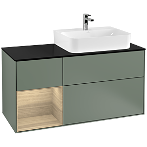 Villeroy und Boch Finion Waschtischunterschrank F142PCGM 120cm, Abdeckplatte Glass Black Matt, Regal links Oak Veneer, Olive Matt Lacquer