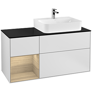 Villeroy und Boch Finion Waschtischunterschrank F142PCMT 120cm, Abdeckplatte Glass Black Matt, Regal links Oak Veneer, White matt lacquer