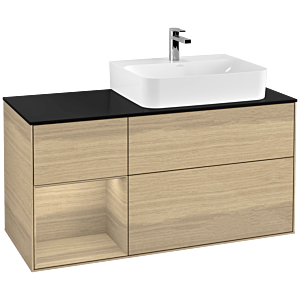 Villeroy und Boch Finion Waschtischunterschrank F142PCPC 120cm, Abdeckplatte Glass Black Matt, Regal links Oak Veneer, Oak Veneer