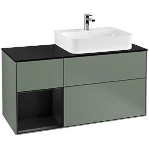 Villeroy und Boch Finion Waschtischunterschrank F142PDGM 120cm, Abdeckplatte Glass Black Matt, Regal links Black matt lacquer, Olive Matt Lacquer