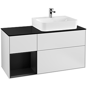 Villeroy et Boch Finion Villeroy et Boch F142PDMT 120cm, couvercle en verre noir mat, étagère gauche laqué noir mat, laqué blanc mat