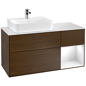 Villeroy und Boch Finion Waschtischunterschrank F151GFGN 120cm, Abdeckplatte white matt, Regal rechts Glossy white lacquer, Walnut veneer