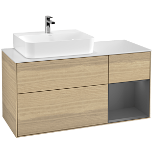 Villeroy und Boch Finion Waschtischunterschrank F151GKPC 120cm, Abdeckplatte white matt, Regal rechts Anthracite matt, Oak Veneer