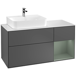 Villeroy und Boch Finion Waschtischunterschrank F151GMGK 120cm, Abdeckplatte white matt, Regal rechts Olive Matt Lacquer, Anthracite matt