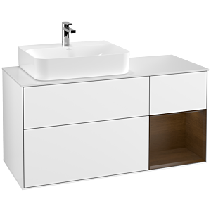 Villeroy und Boch Finion Waschtischunterschrank F151GNGF 120cm, Abdeckplatte white matt, Regal rechts Walnut veneer, Glossy white lacquer
