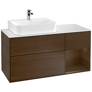 Villeroy und Boch Finion Waschtischunterschrank F151GNGN 120cm, Abdeckplatte white matt, Regal rechts Walnut veneer, Walnut veneer