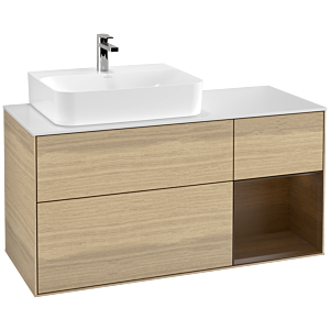 Villeroy und Boch Finion Waschtischunterschrank F151GNPC 120cm, Abdeckplatte white matt, Regal rechts Walnut veneer, Oak Veneer