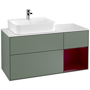 Villeroy und Boch Finion Waschtischunterschrank F151HBGM 120cm, Abdeckplatte white matt, Regal rechts Peony, Olive Matt Lacquer