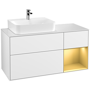 Villeroy und Boch Finion Waschtischunterschrank F151HFGF 120cm, Abdeckplatte white matt, Regal rechts Gold matt, Glossy white lacquer