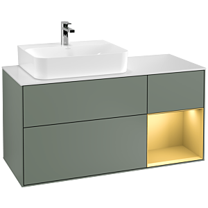Villeroy und Boch Finion Waschtischunterschrank F151HFGM 120cm, Abdeckplatte white matt, Regal rechts Gold matt, Olive Matt Lacquer