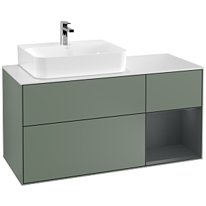 Villeroy und Boch Finion Waschtischunterschrank F151HGGM 120cm, Abdeckplatte white matt, Regal rechts Midnight Blue Matt Lacquer, Olive Matt Lacquer